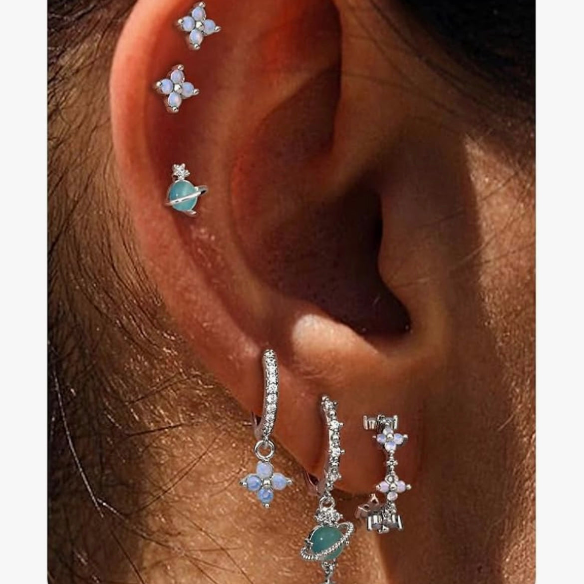 Australian Crystal Solar System Earring Set – 6-Piece Huggies, Studs, Cartilage & Dangle Jewelry