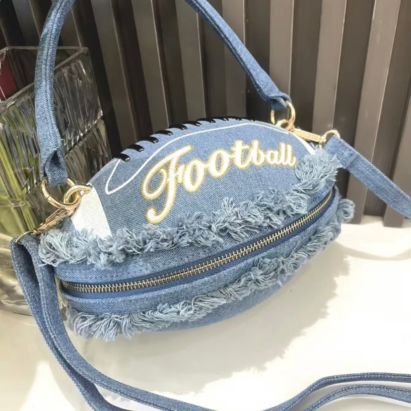 Denim Light Blue Football Handbag - Trendy Sports-Inspired Accessory