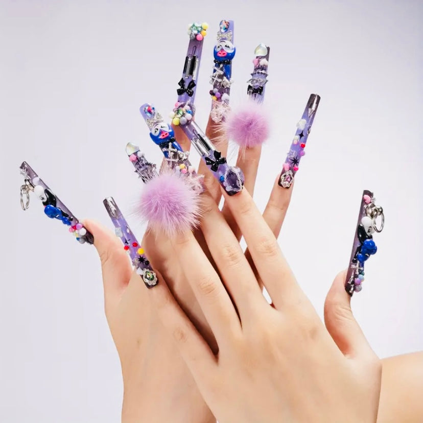 Handcrafted Kawaii Sanrio Press-On Nails – Extra Long Square Tips with Multicolor Bling & 3D Charms