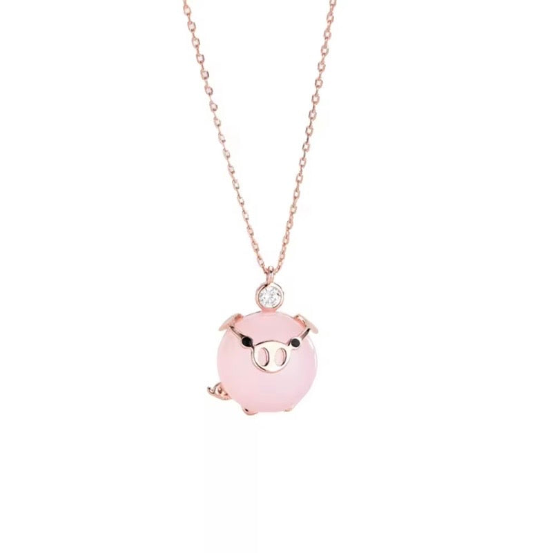 Rose Gold Piglet Pendant With Rose Quartz And Australian Crystal On 14k Vermeil Gold Or Silver Chain