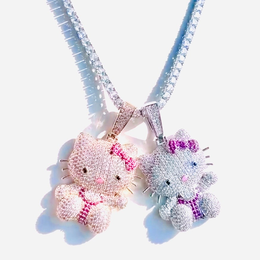 Silver Or Gold Multi Colored CZ Full Body Bling Kitty Pendant + Hiphop Tennis Necklace