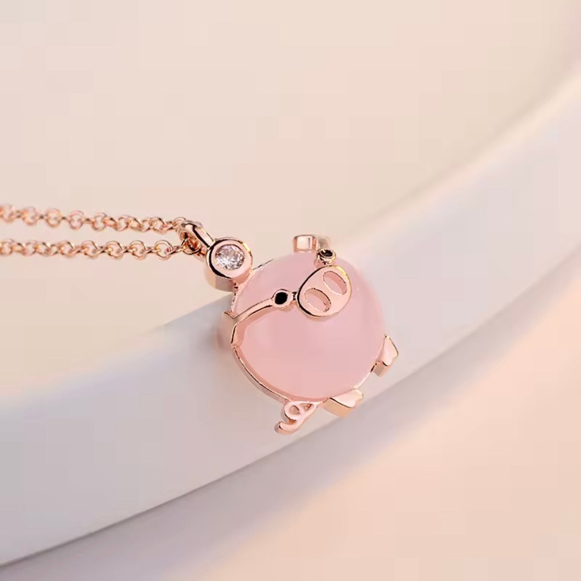 Rose Gold Piglet Pendant With Rose Quartz And Australian Crystal On 14k Vermeil Gold Or Silver Chain
