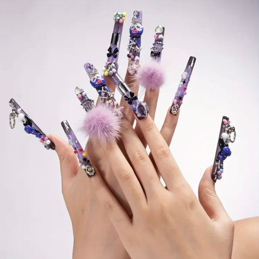 Handcrafted Kawaii Sanrio Press-On Nails – Extra Long Square Tips with Multicolor Bling & 3D Charms