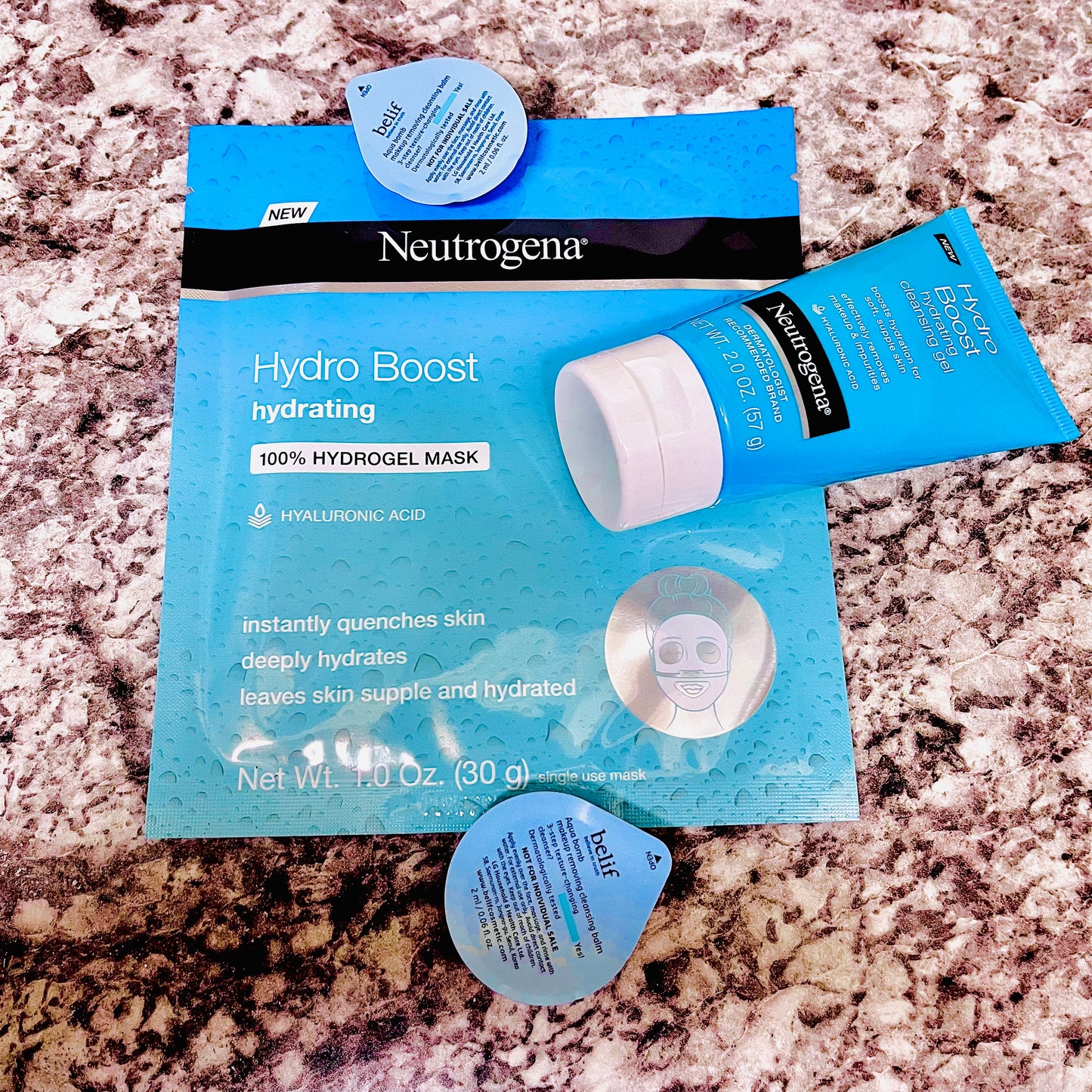 Neutrogena Hydro Boost Hyaluronic Hydrating Mask & Cleanser Gel Set Plus 2 Belief Aqua Bomb Pods