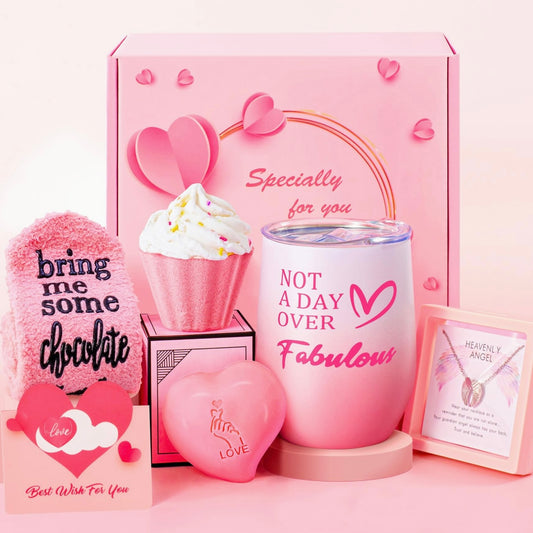 Dive into a world of luxury with our Fabulous Indulgence Gift Set. Specially curated for Valentine’s Day, this set includes a plush ‘Bring Me Some Chocolate’ sock, a heart-shaped handcrafted soap, an elegant tumbler inscribed with ‘Not A Day Over Fabulous’, a cupcake-shaped bath bubble bomb with sprinkles on top and last but definitely not least, to the best part of this luxury gift set which pays for the entire box two times over, You are also getting a 100% 925. Sterling Silver Diamond Cut Angel