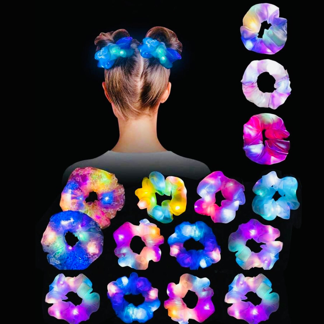 Light-Up Bamboo Silk Hair Scrunchies - Dancing LED Color-Changing Hair Ties That Moves To The The Beat! Single Or Variety Pack