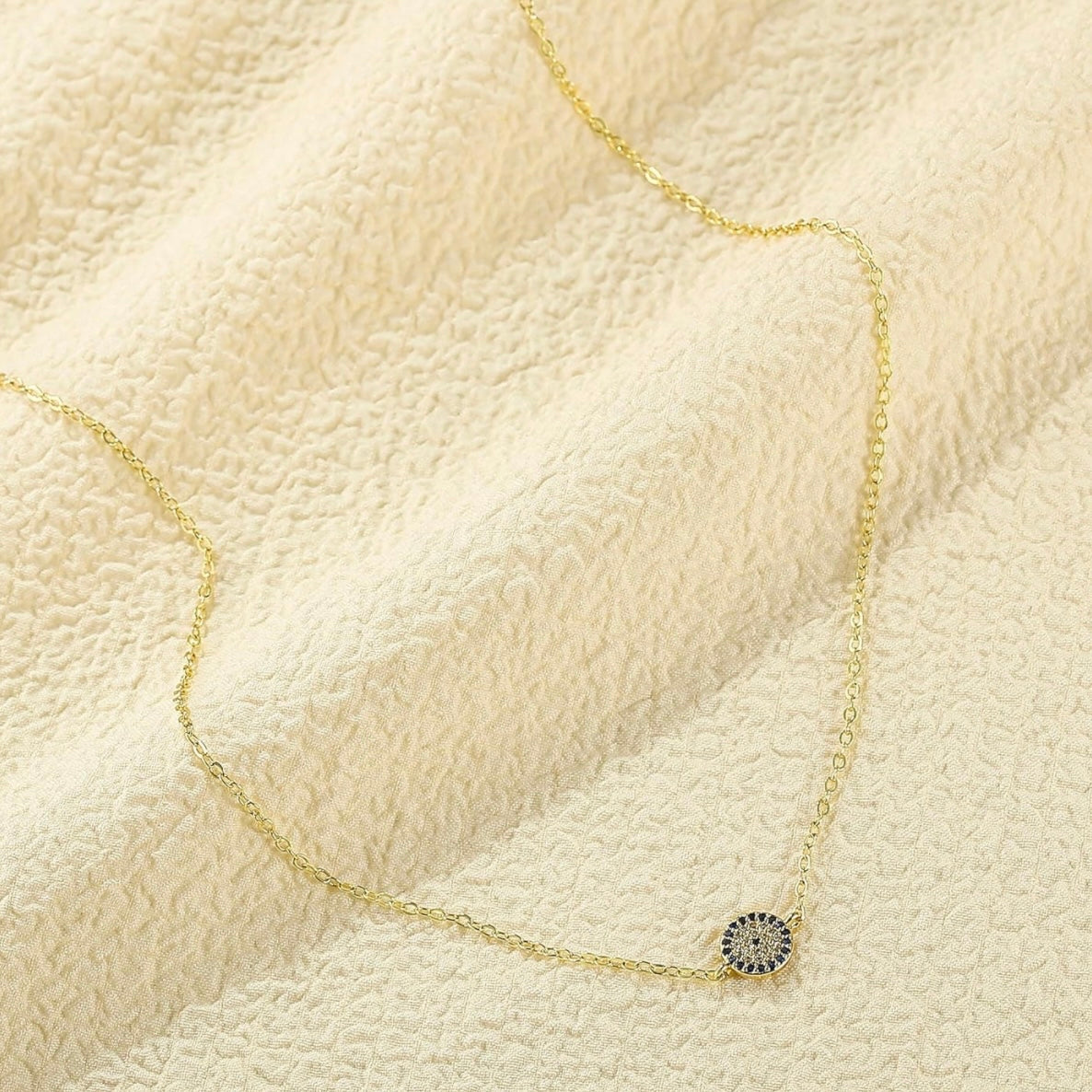 Ladies 15k 585 Solid Vermeil Gold Dainty Natural Blue Sapphire Crystal Precious Gemstone Evil Eye Pendant Necklace only available at LadiesNGentz.com or FaceTreasures.Com