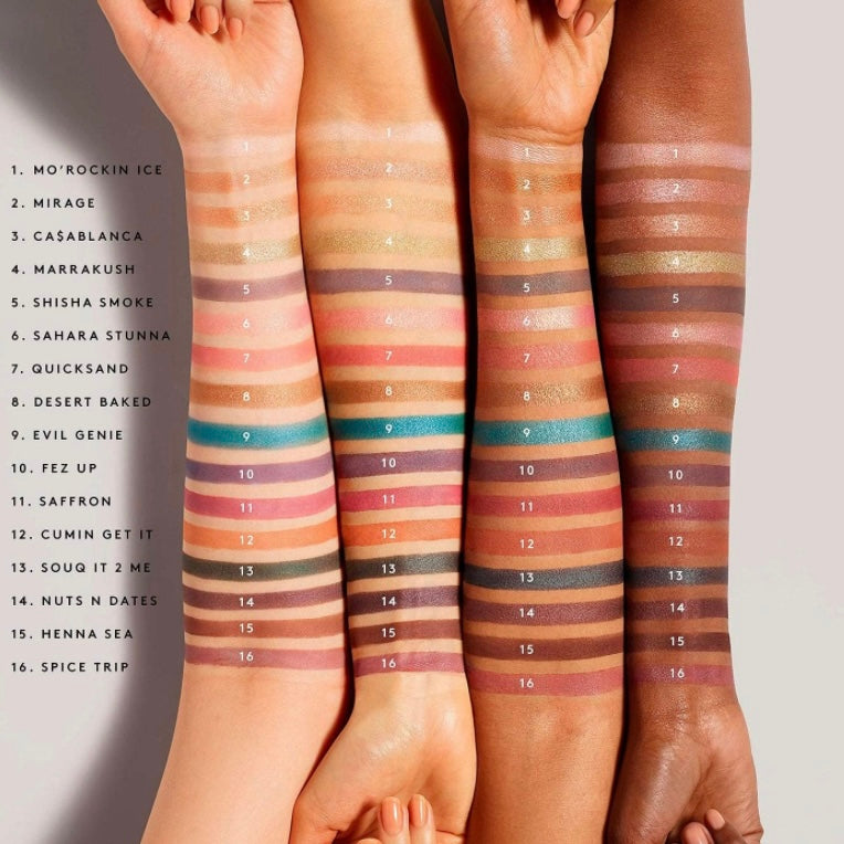 This photo is showing 4 different color of arm shades such as a white arm, tan arm, olive complexion Arm and a dark skin arm, all four arms are showing 16 different eyeshadow color swatches from the premium Fenty beauty Moroccan eyeshadow palette.