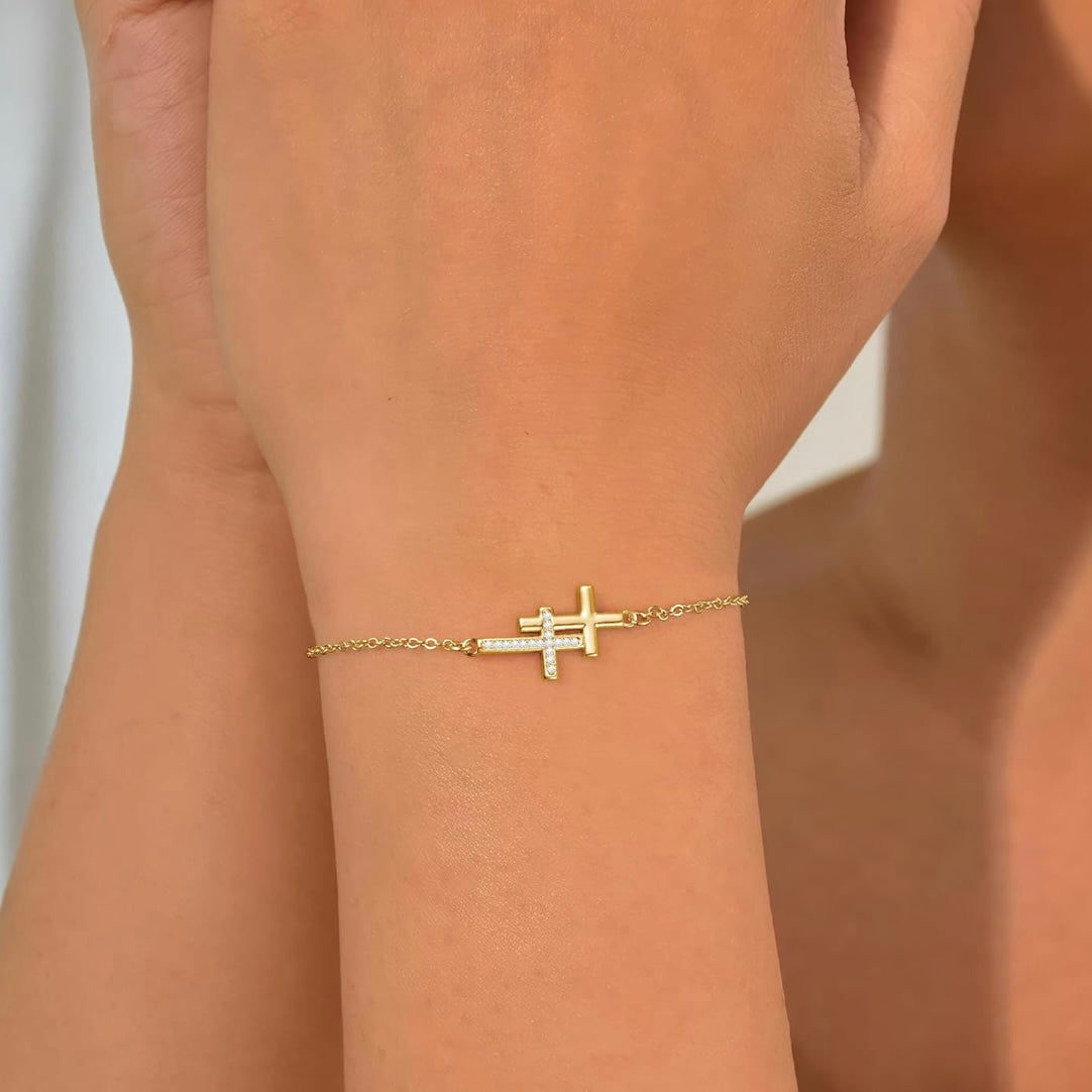 10k Gold Double Cross CZ Bracelet – Adjustable Faith & Sparkle Chain