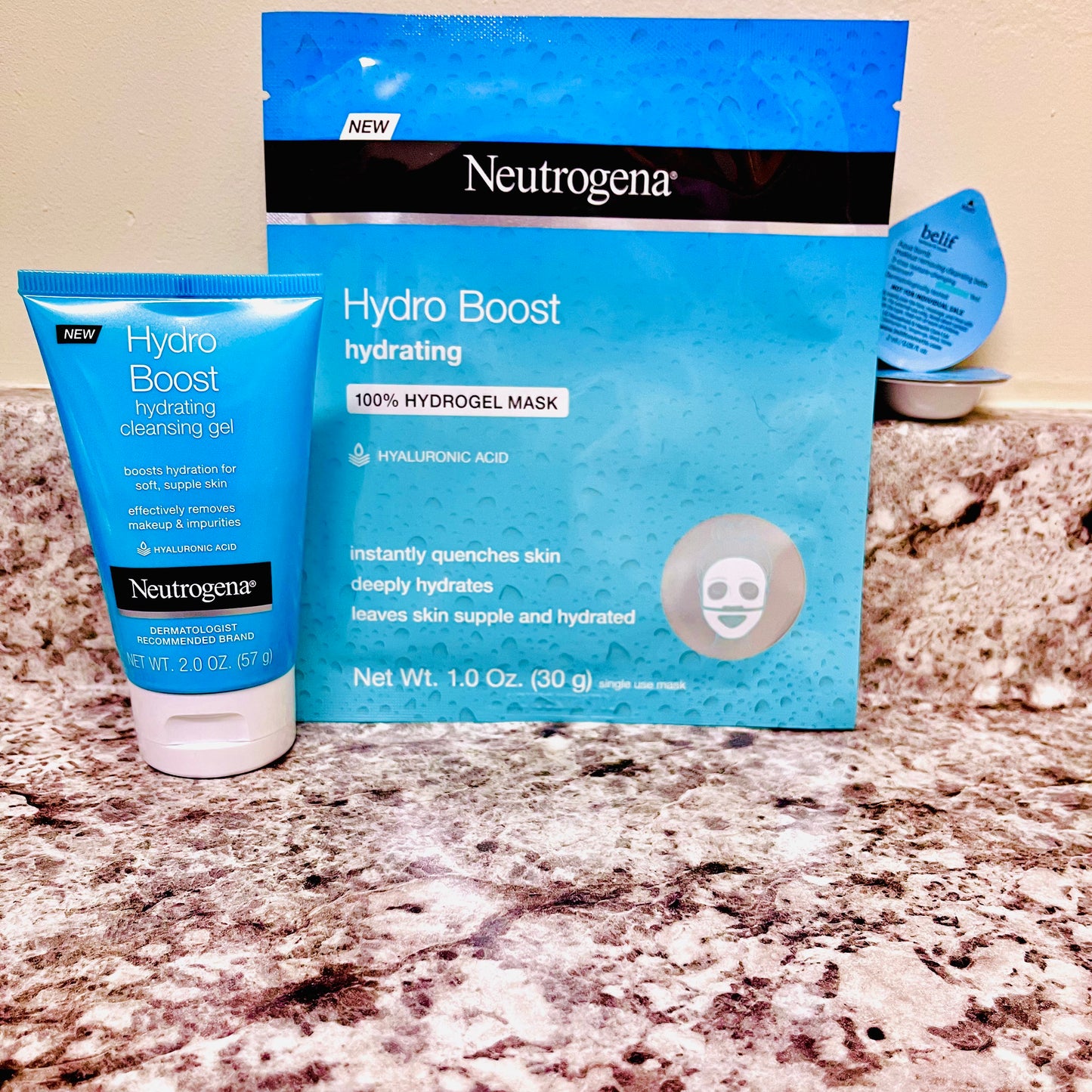 Neutrogena Hydro Boost Hyaluronic Hydrating Mask & Cleanser Gel Set Plus 2 Belief Aqua Bomb Pods