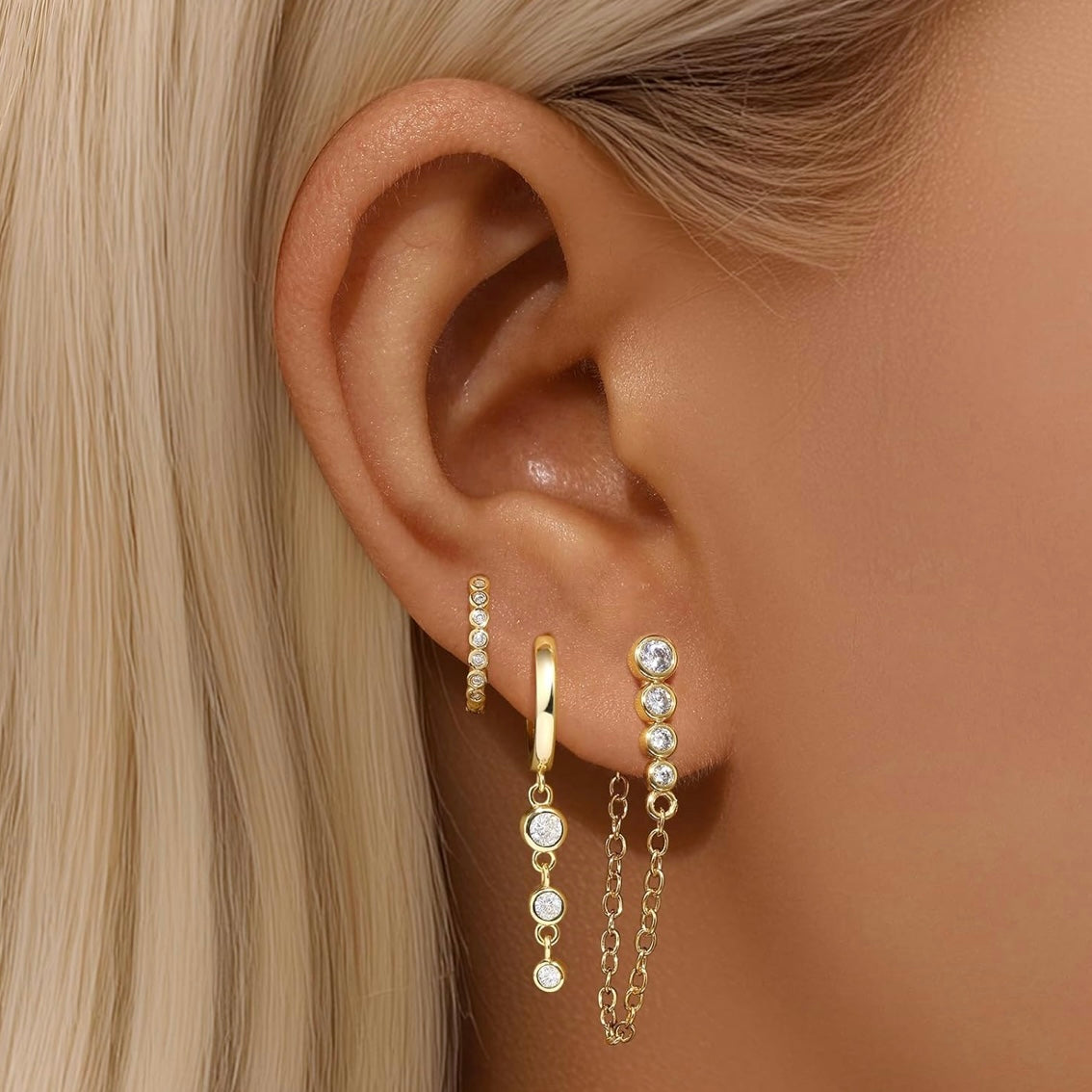 Gold Ear Stack Set – Dainty Hoop & Chain Earrings with CZ Gemstones | Ear Party, Ladies Pierced Jewelry