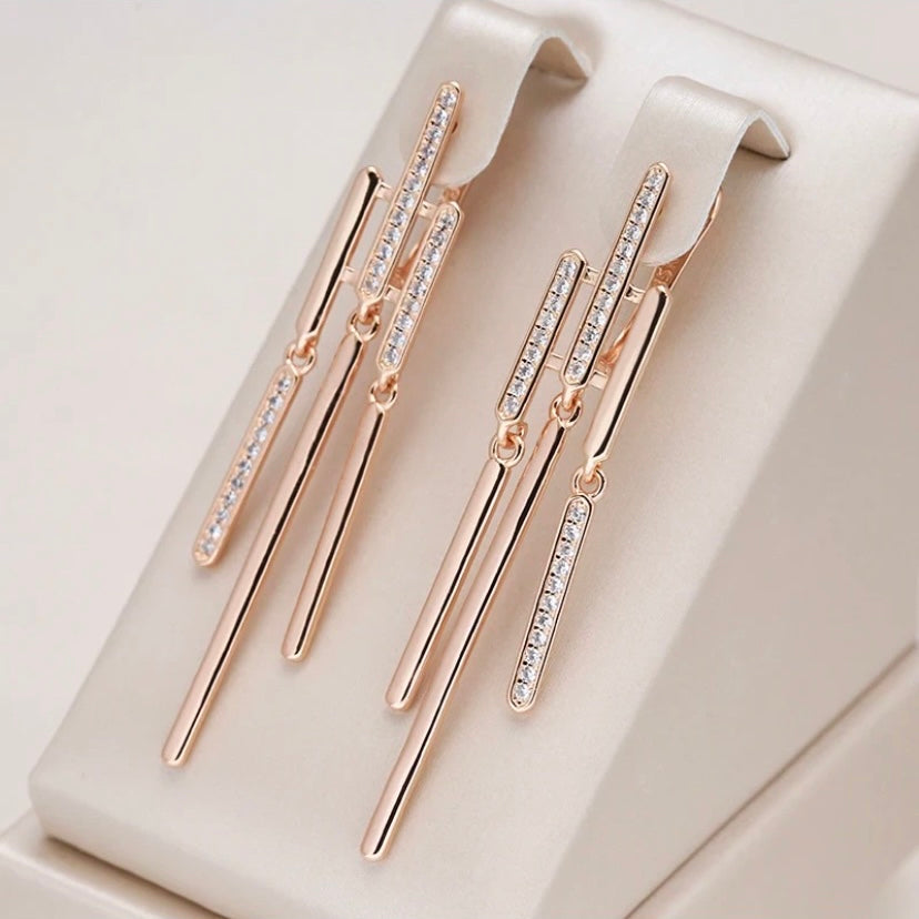 Ladies Elegant 14k 585 Pure Rose Gold Diamond Sapphire Minimalist Earrings 1 ctw.
