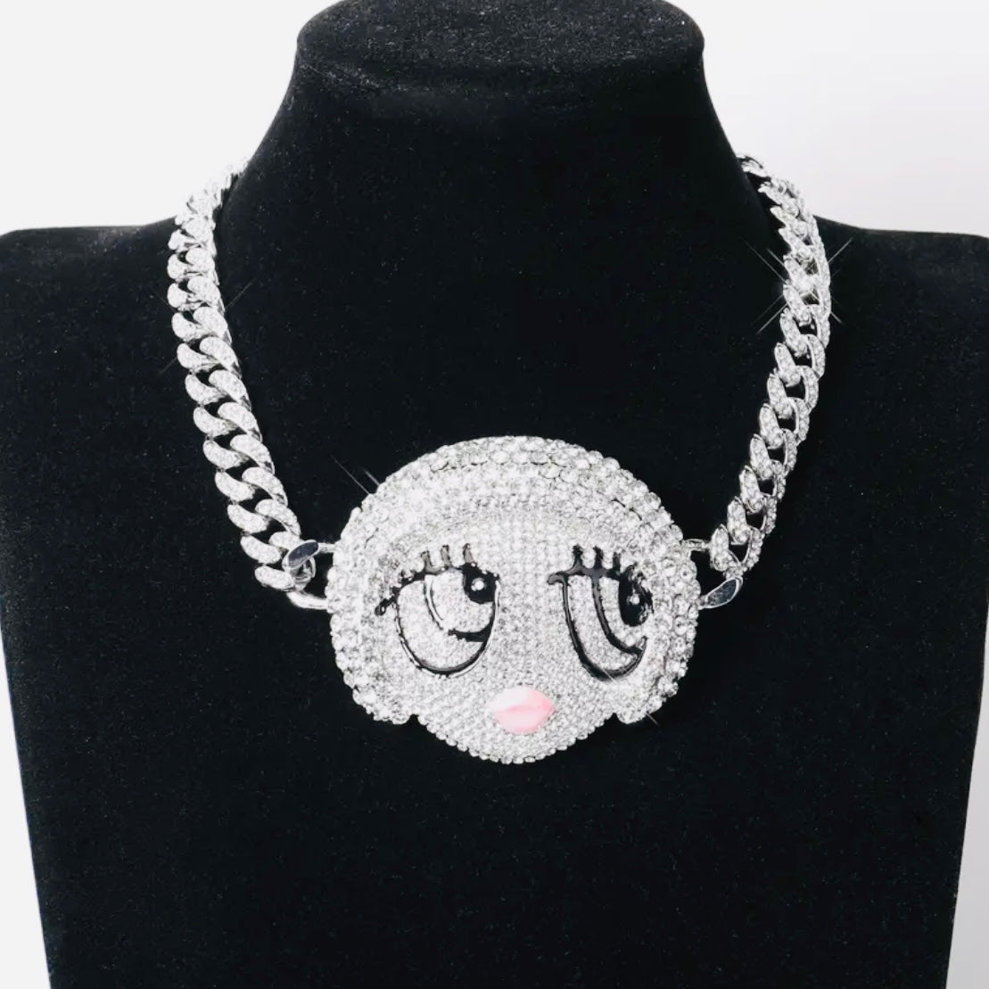 Ice Spice Silver CZ Gemstones Cartoon Pendant & 6mm CZ Cuban Link Hiphop Chain