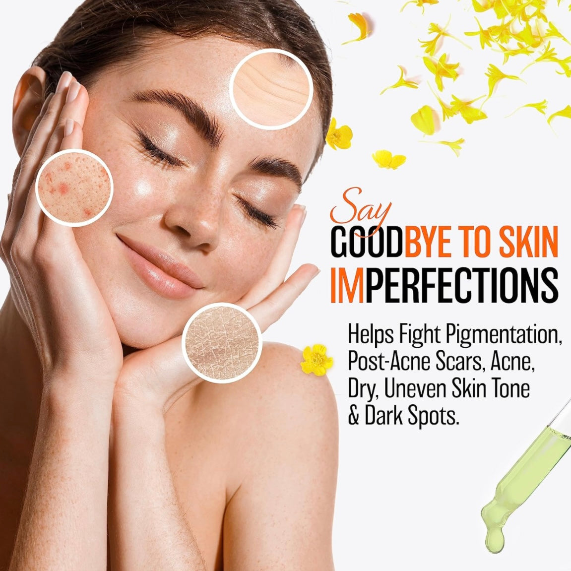 Lady waving goodbye to bad skin and smiling saying “Thank You, Facetreasures” for the new beautiful skin she now has thanks to using only our skin serum twice daily.