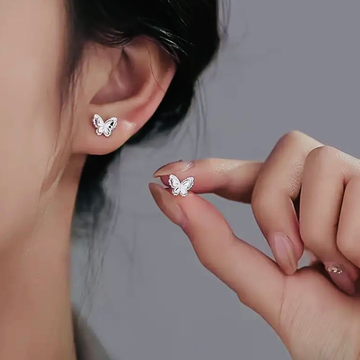 Dainty Silver Butterfly Stud Earrings with Sparkling CZ Crystals & Comfort Fit Back