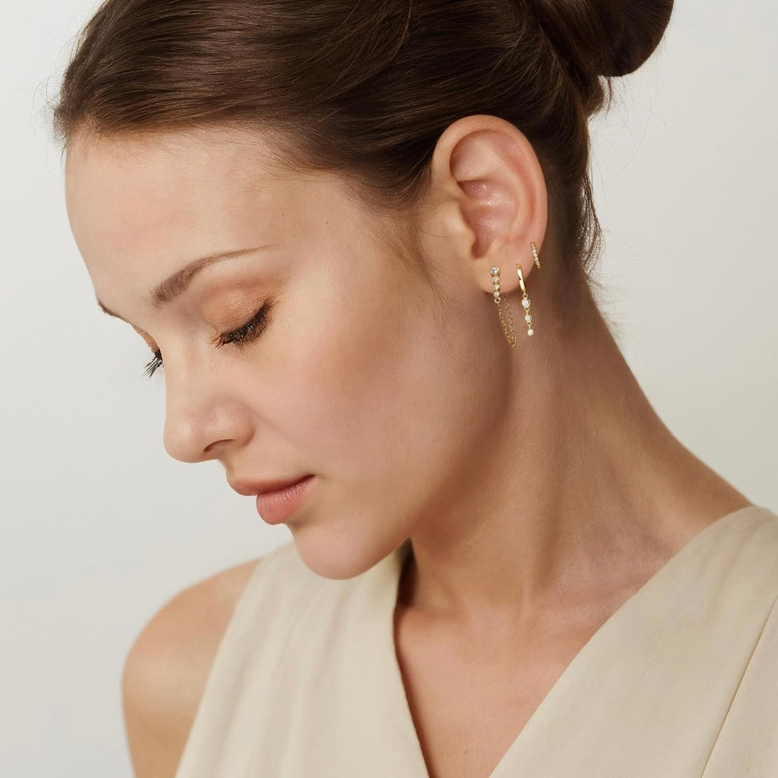 Gold Ear Stack Set – Dainty Hoop & Chain Earrings with CZ Gemstones | Ear Party, Ladies Pierced Jewelry