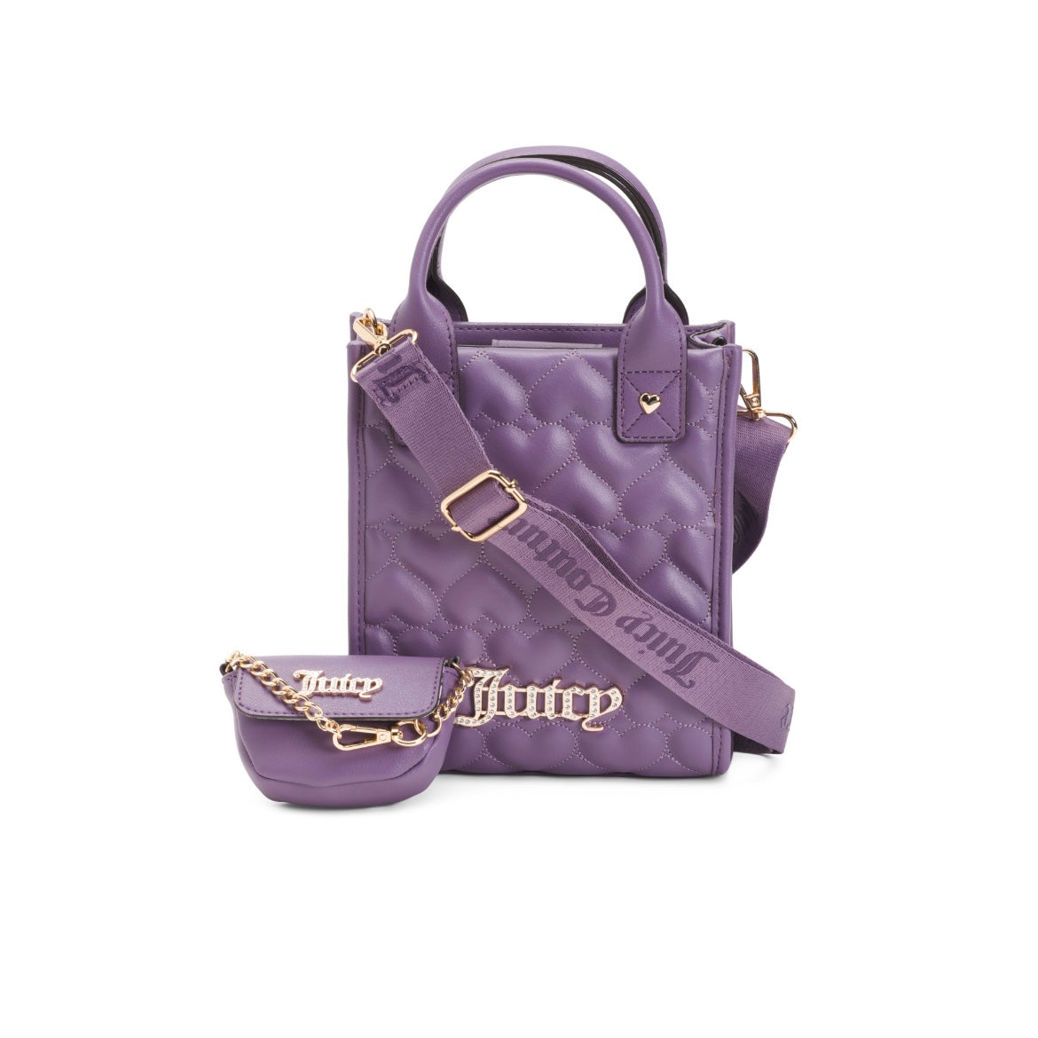Juicy Couture 3 Piece Purple Heart Stitched Tote Cross Body Bag w/Coin Purse + Adjustable Strap