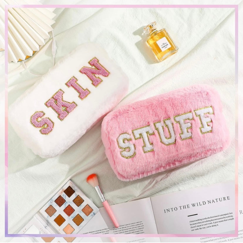 Pink or White Plush Makeup Bag with Glitter Lettering | TSA-Approved Cosmetic Bag