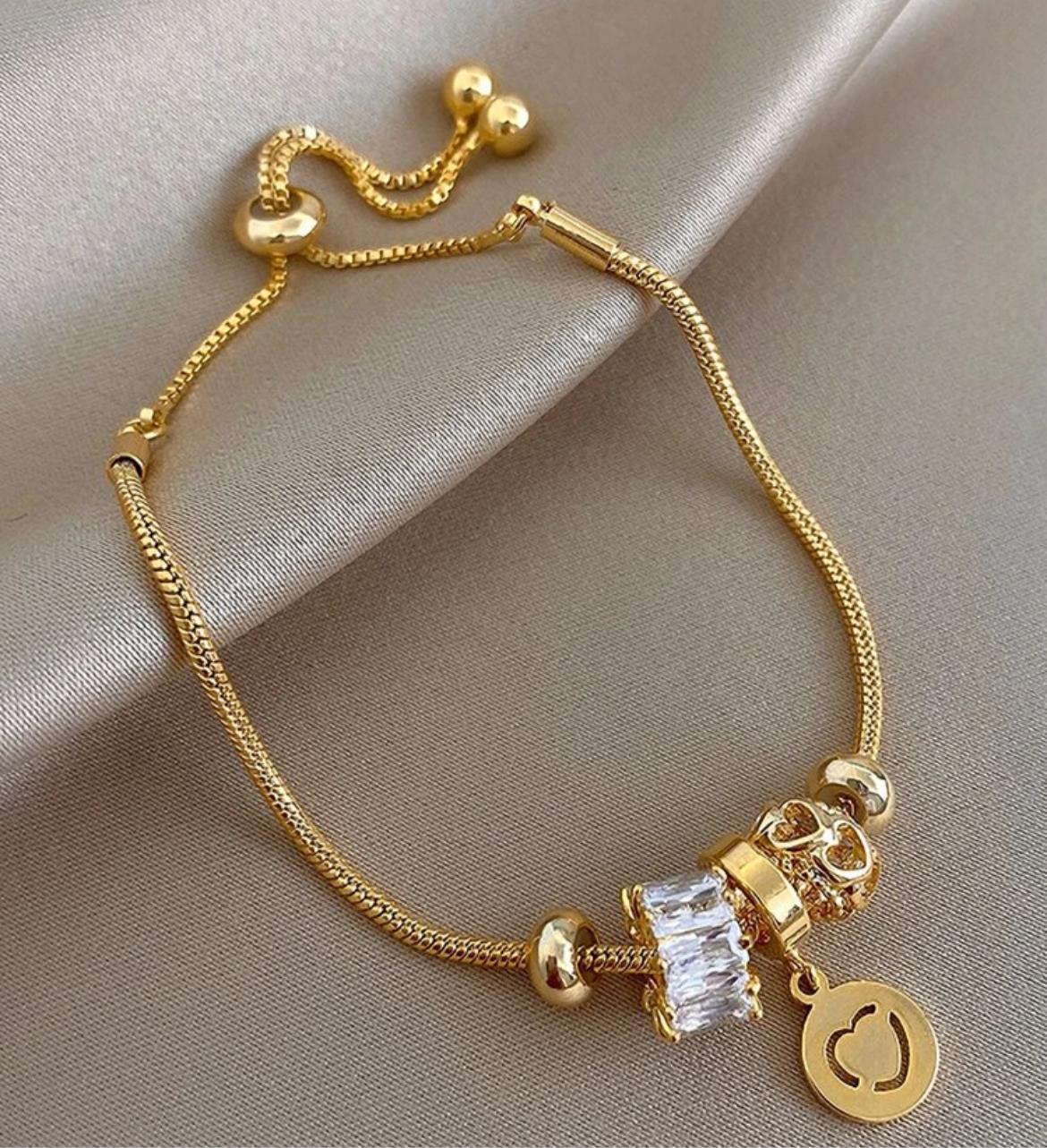 Elegant 14K Vermeil Gold Adjustable Bracelet with Heart and CZ Crystal Charms