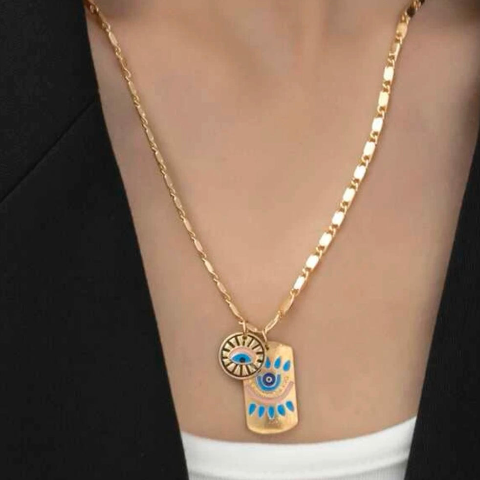 Gold Plated Evil Eye & Protection Pendant Necklace With Blue Accents And A 17In Chain