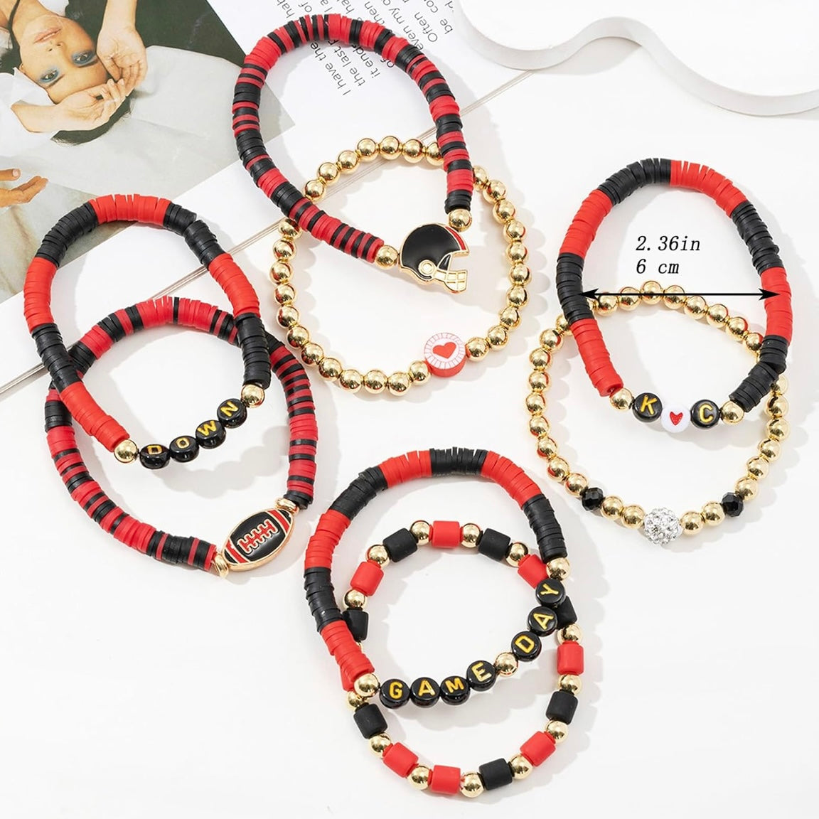 KC GameDay Red, Black, Gold CZ 8 Piece beaded Friendship Bracelet Set