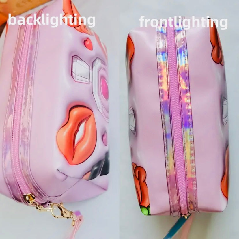 Pink makeup bag showing measurements and how the makeup bag looks with bright front lighting to show more details and back of bag with lighting to show more details
