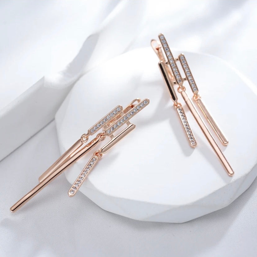 Ladies Elegant 14k 585 Pure Rose Gold Diamond Sapphire Minimalist Earrings 1 ctw.
