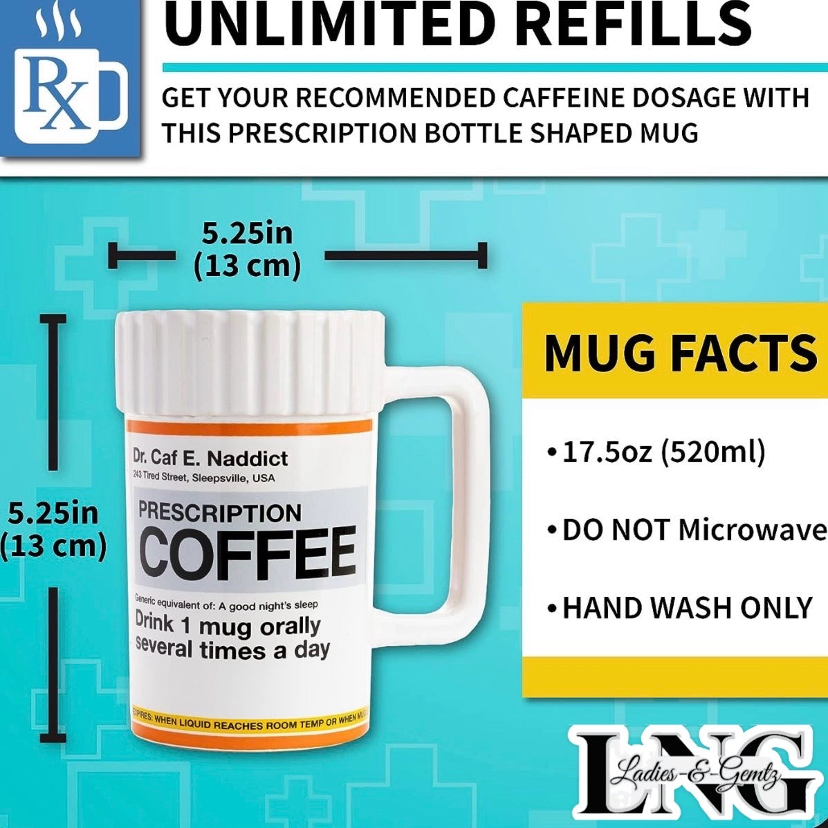 Funny Prescription Bottle Coffee Mug | Ceramic | 17.5 oz XL | Gift for Her, Him, Wife, Coworker
