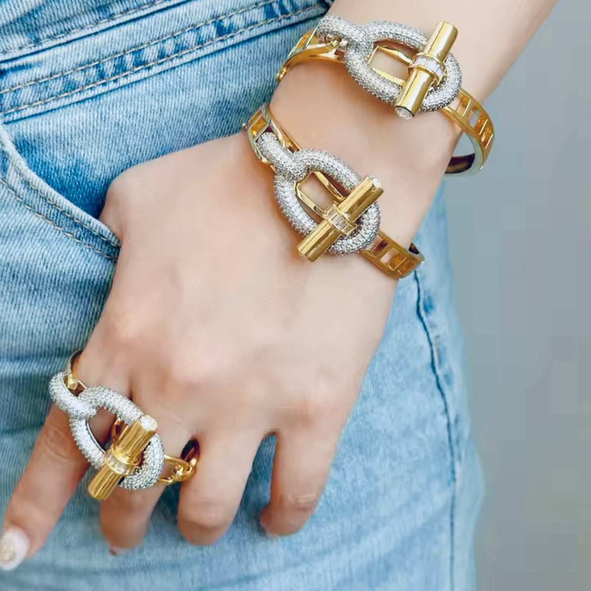 Gold and Silver Buckle Bracelet & Matching Double Finger Ring - Unique Intertwined Design