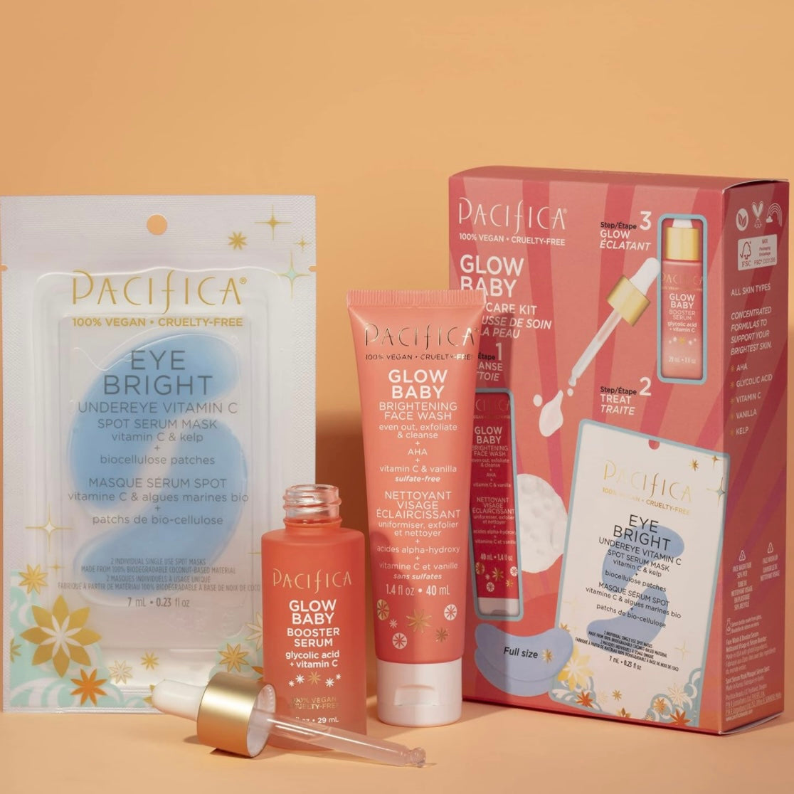 Pacifica beauty glow baby brighting wash, Glow boosting facial serum and kelp infused eye bright undereye mask kit
