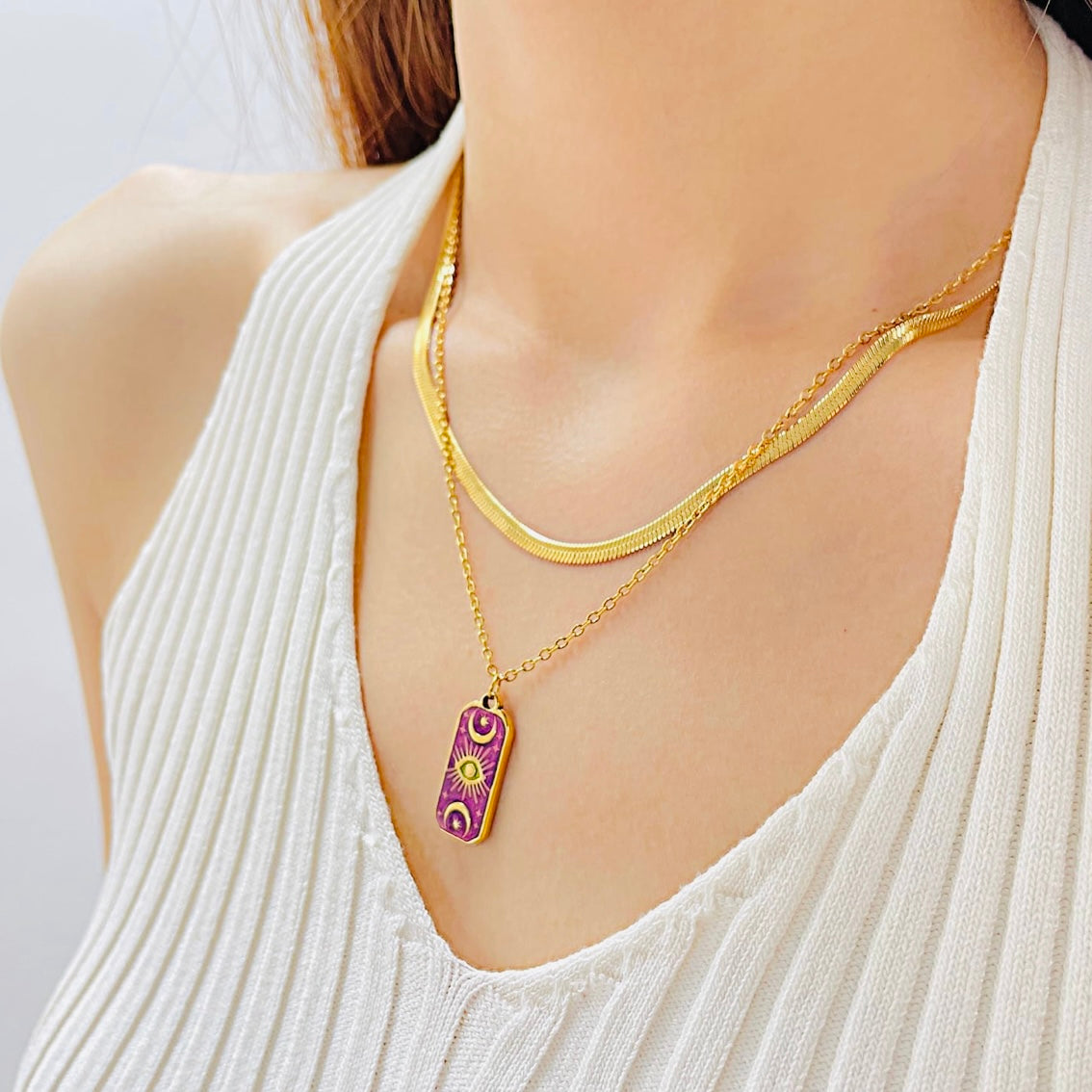 Gold Zodiac Layered Necklace – Minimalist Herringbone & Sun Tarot Pendant Necklace