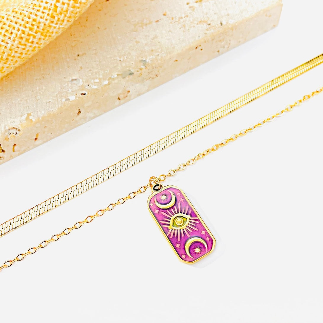 Gold Zodiac Layered Necklace – Minimalist Herringbone & Sun Tarot Pendant Necklace