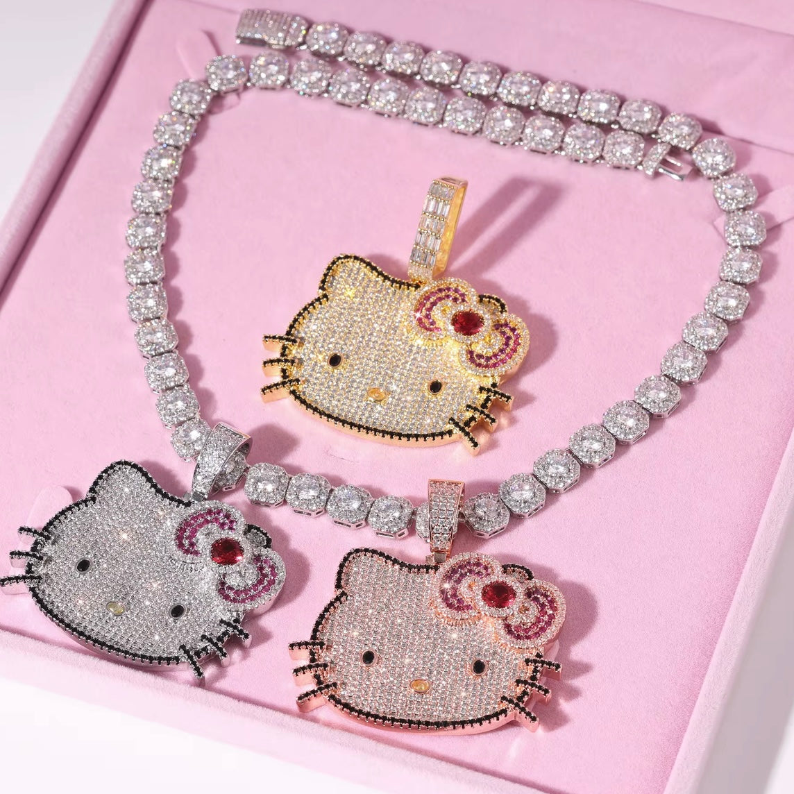 Kawaii Blinged Out Kitty Cat Silver Or Gold CZ Pendant, Hiphop Jewelry, USA Shipping