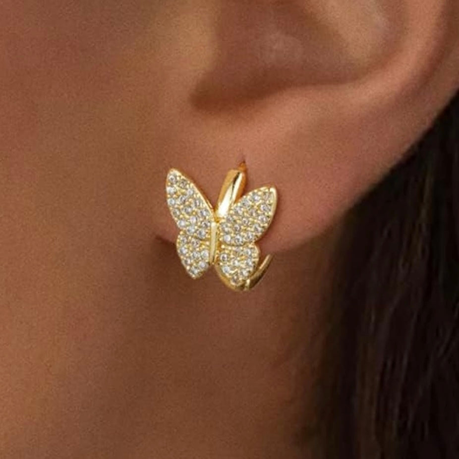 10k Gold Butterfly Huggie Earrings with CZ Crystals – Dainty Luxe Sparkle