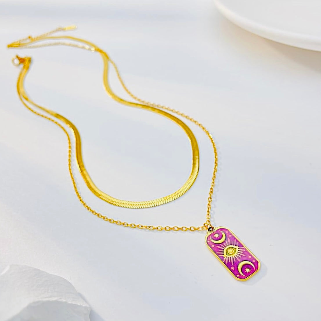 Gold Zodiac Layered Necklace – Minimalist Herringbone & Sun Tarot Pendant Necklace