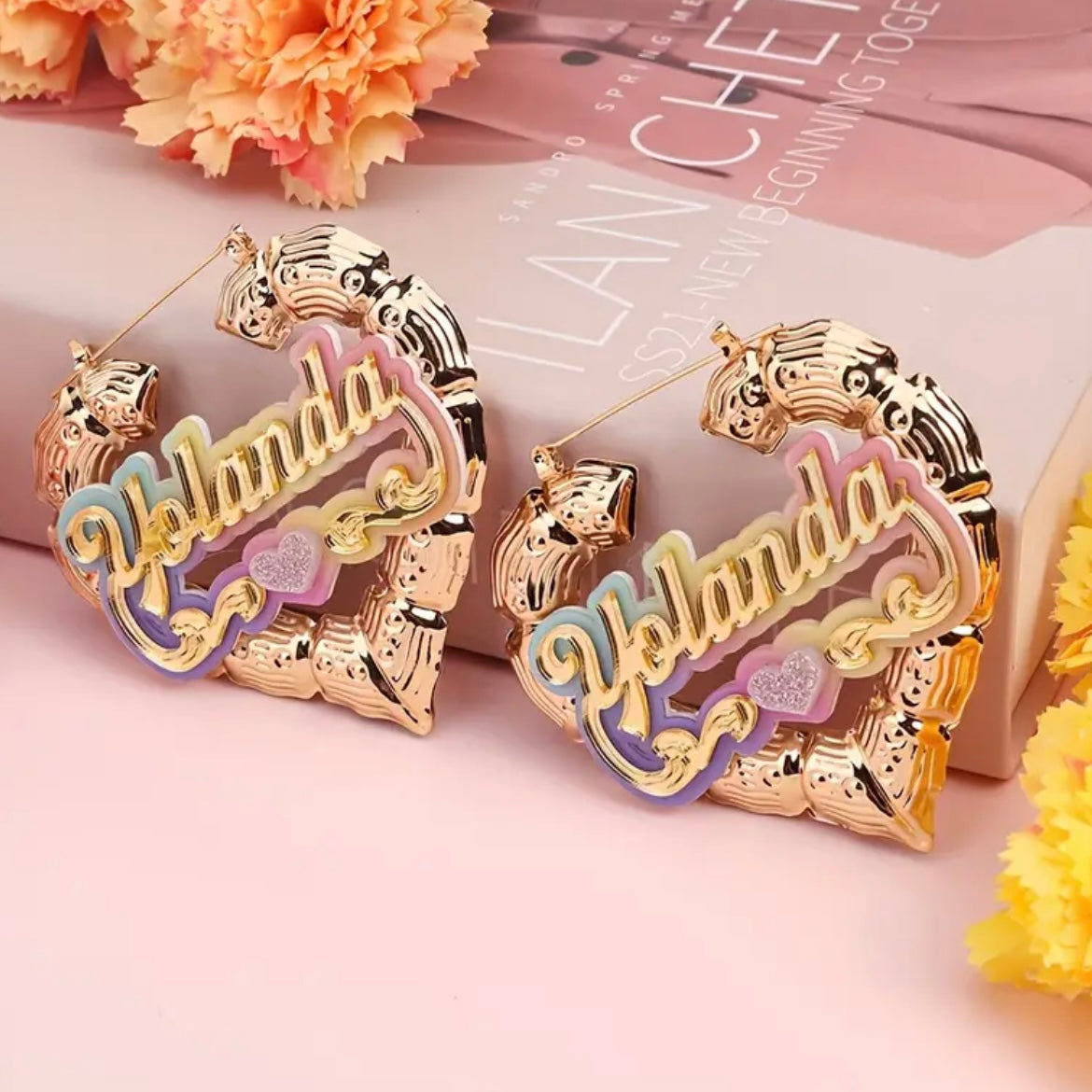 Personalized Cursive Name Necklace and Bamboo Earrings Set, Cute Iridescent Jewelry Gift