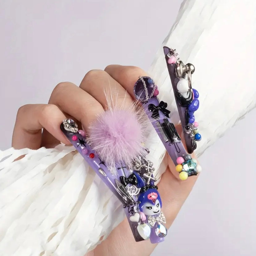 Handcrafted Kawaii Sanrio Press-On Nails – Extra Long Square Tips with Multicolor Bling & 3D Charms