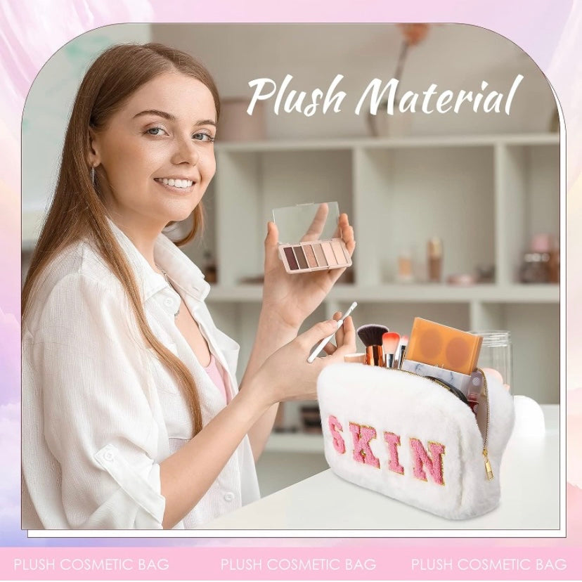 Pink or White Plush Makeup Bag with Glitter Lettering | TSA-Approved Cosmetic Bag