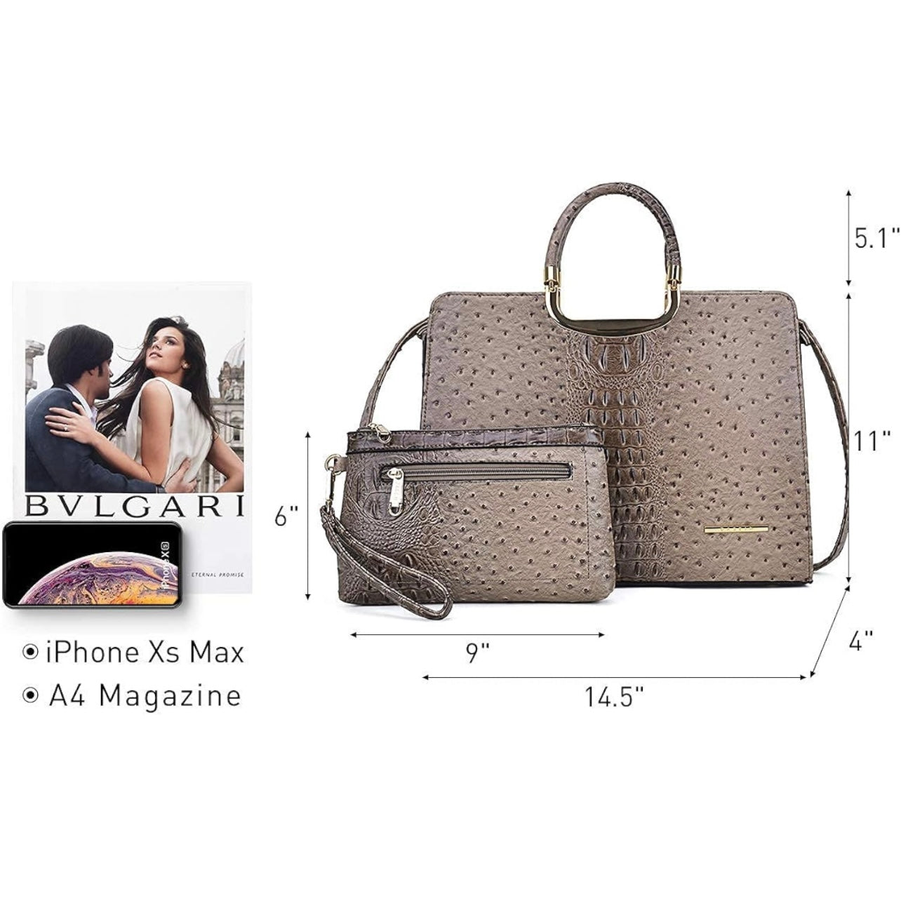 Ostrich vegan leather handbag with a tan and dark brown crocodile embossed feel and design with shiny gold accents, adjustable strap and a matching wallet wristlet for ladies. Only found and available for purchase at Facetreasures Boutique and LadiesNGentz.com