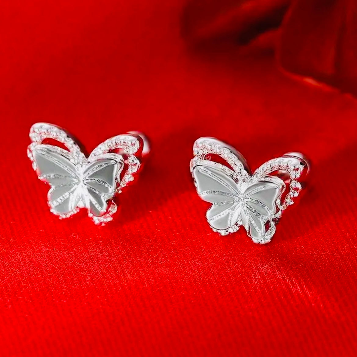 Dainty Silver Butterfly Stud Earrings with Sparkling CZ Crystals & Comfort Fit Back