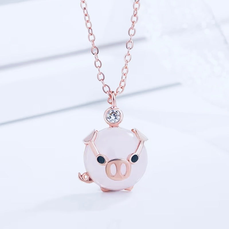 Rose Gold Piglet Pendant With Rose Quartz And Australian Crystal On 14k Vermeil Gold Or Silver Chain