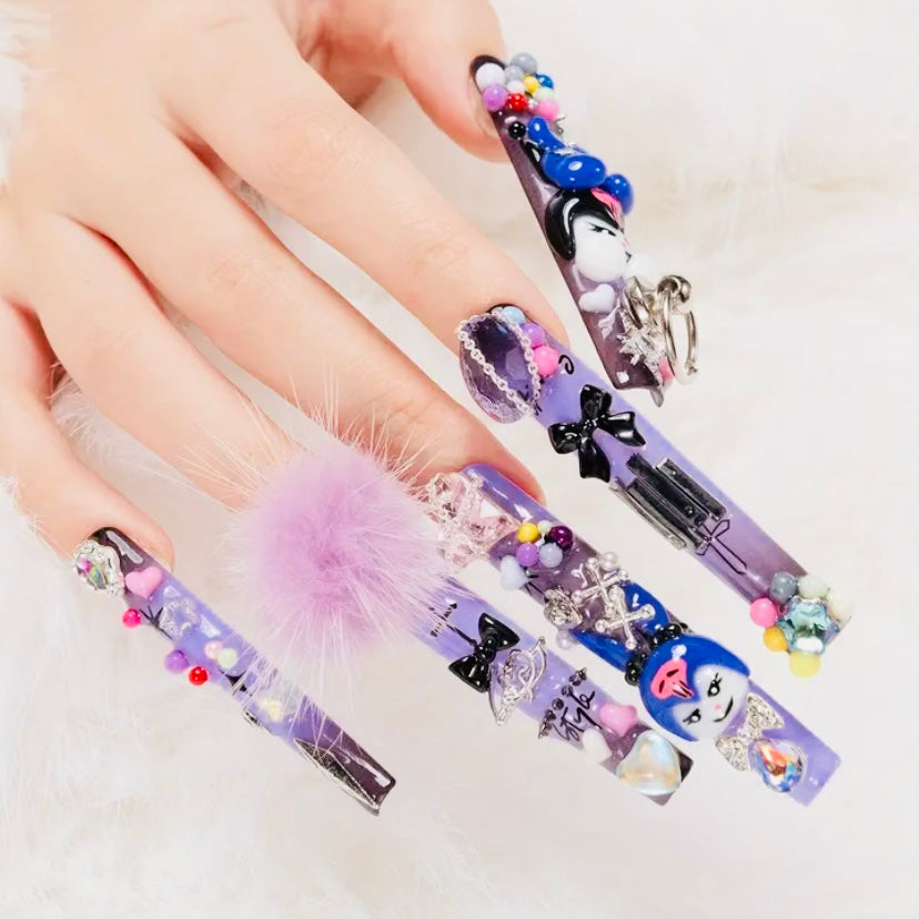 Handcrafted Kawaii Sanrio Press-On Nails – Extra Long Square Tips with Multicolor Bling & 3D Charms