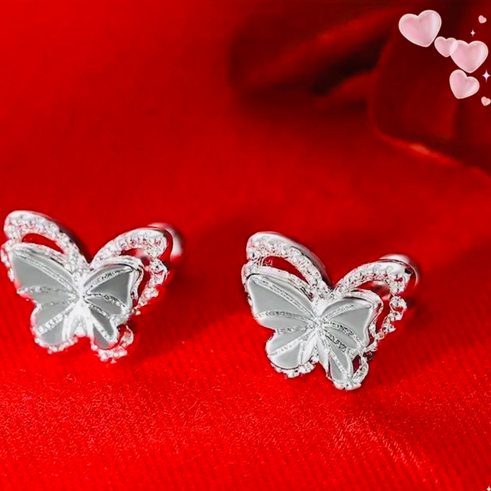 Dainty Silver Butterfly Stud Earrings with Sparkling CZ Crystals & Comfort Fit Back