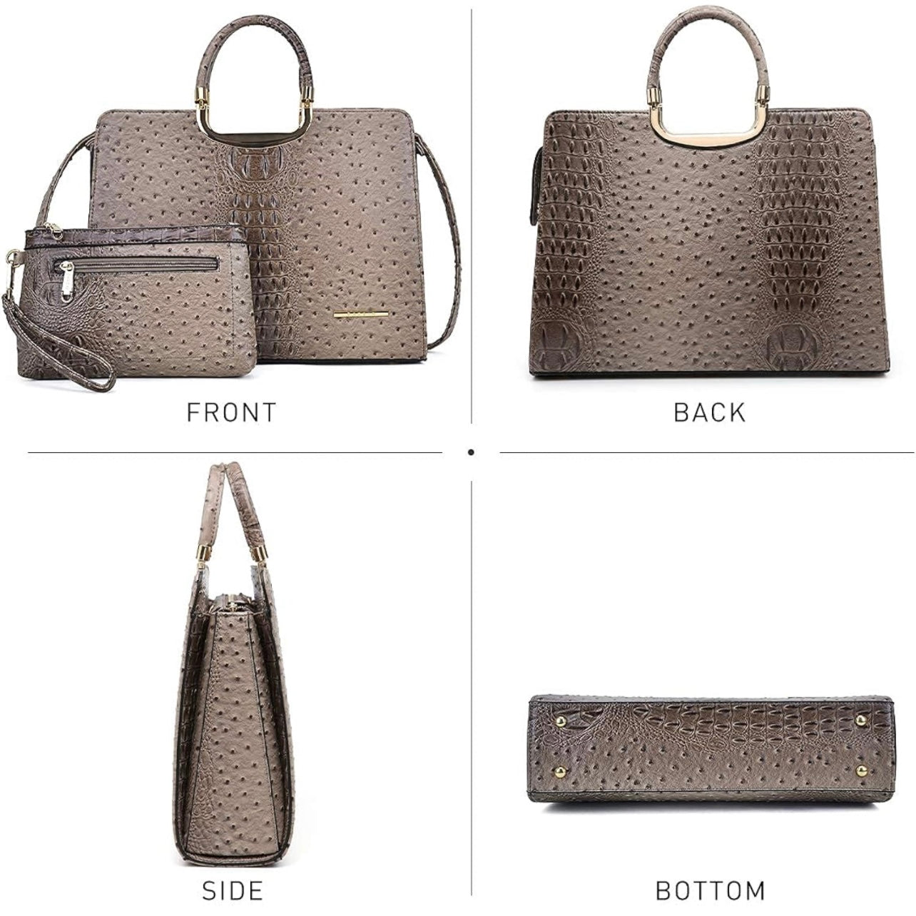 Ostrich vegan leather handbag with a tan and dark brown crocodile embossed feel and design with shiny gold accents, adjustable strap and a matching wallet wristlet for ladies. Only found and available for purchase at Facetreasures Boutique and LadiesNGentz.com