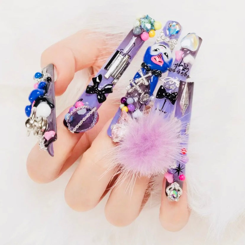 Handcrafted Kawaii Sanrio Press-On Nails – Extra Long Square Tips with Multicolor Bling & 3D Charms
