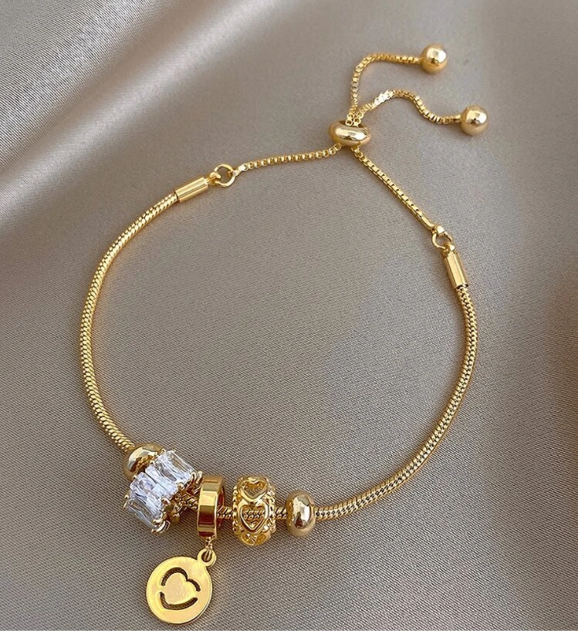 Elegant 14K Vermeil Gold Adjustable Bracelet with Heart and CZ Crystal Charms