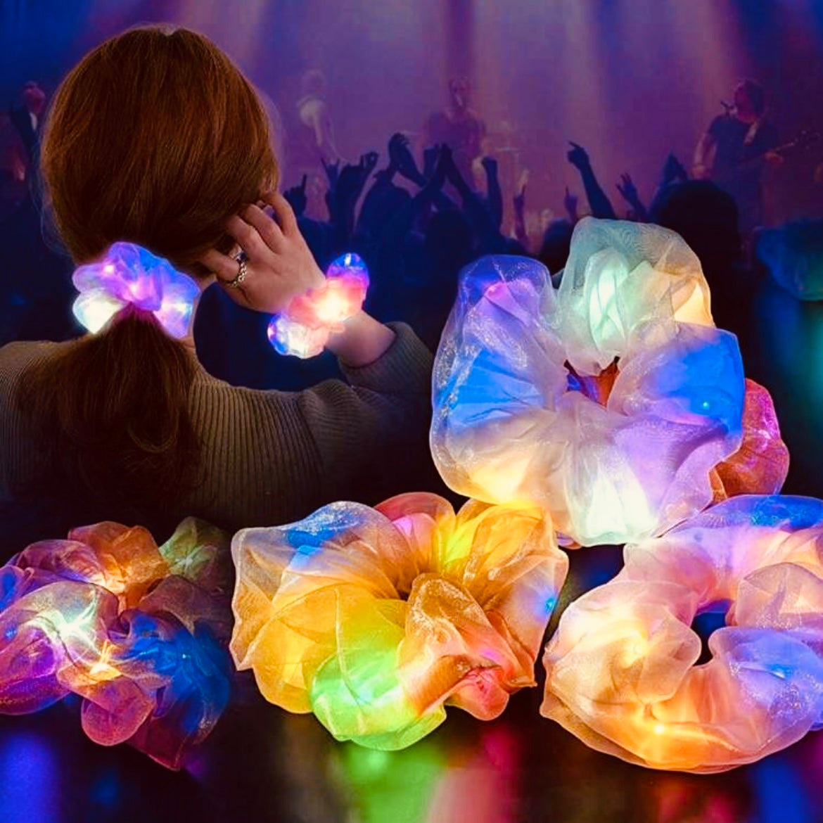 Light-Up Bamboo Silk Hair Scrunchies - Dancing LED Color-Changing Hair Ties That Moves To The The Beat! Single Or Variety Pack