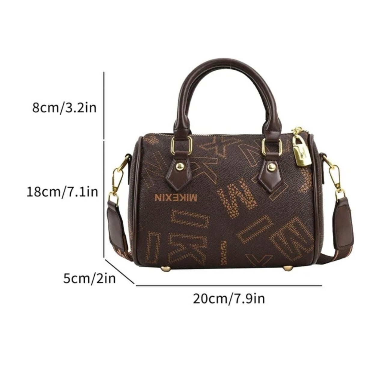 Designer leather vintage cross body adjustable coffee brown handbag with zipper gold accents and letter pattern style considered a “Boston bag” comes with a long adjustable removable matching straps and handles for adjustable convenience. This bag is only available at LadiesNGentz.com and also At Facetreasures Boutique at facetreasures.com debut for the first time on LadiesNgentz on Black Friday November 2023