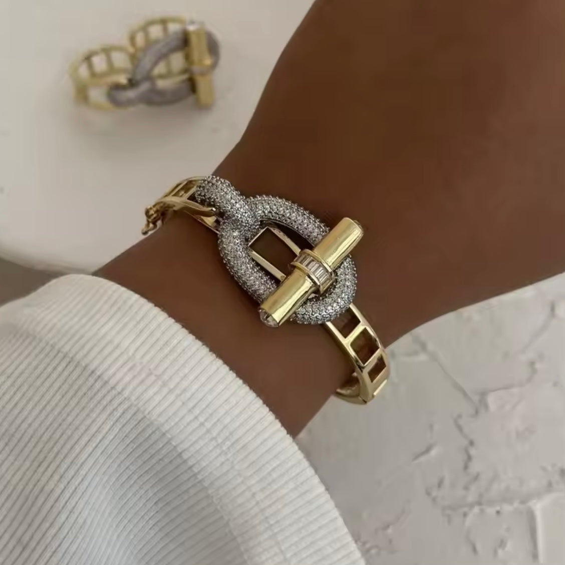 Gold and Silver Buckle Bracelet & Matching Double Finger Ring - Unique Intertwined Design