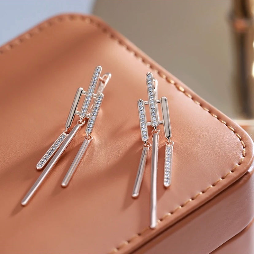 Ladies Elegant 14k 585 Pure Rose Gold Diamond Sapphire Minimalist Earrings 1 ctw.